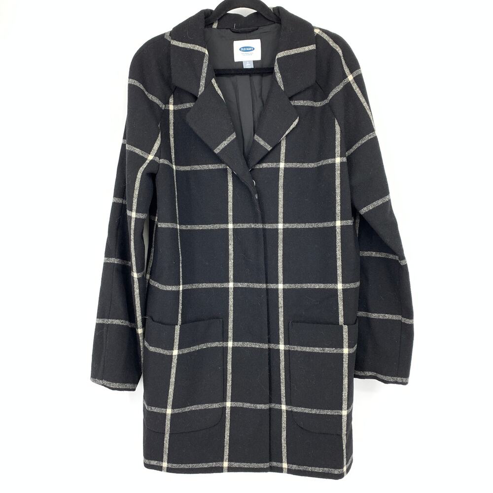 Old Navy Peacoat Womens Size Medium Tall Black Gray Windowpane Wool Blend Coat